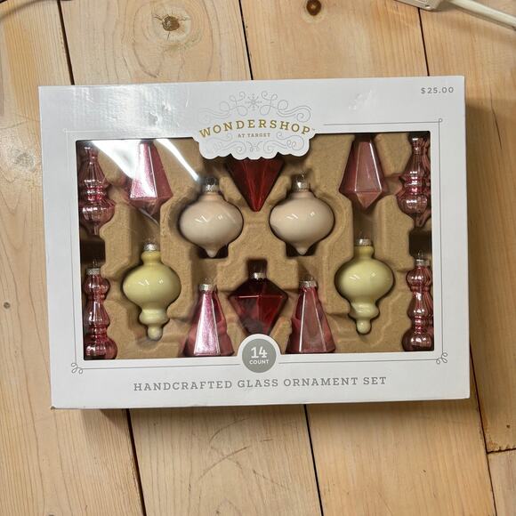 Wondershop NIB Handcrafted Glass Ornament Set Pink Cream 14 Count - Picture 1 of 3